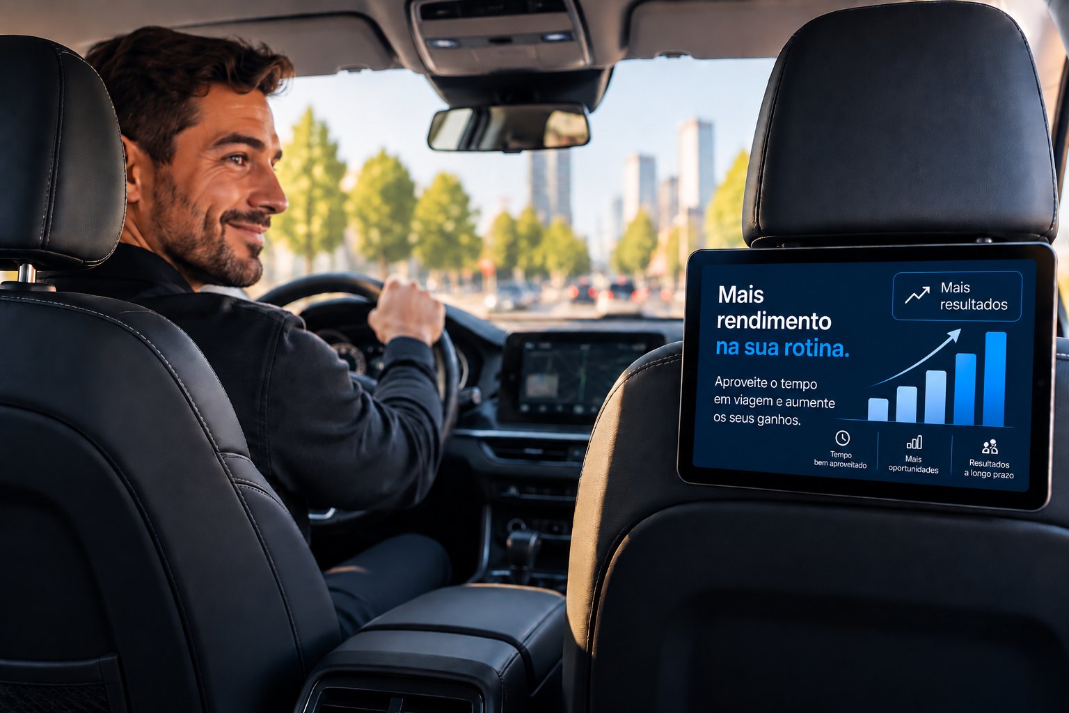 Motorista TVDE com ecrã digital instalado no encosto do banco